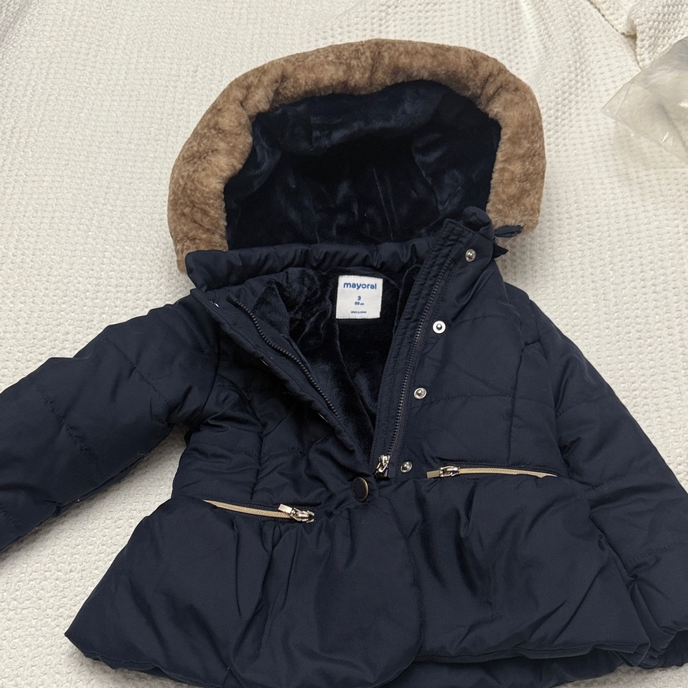 Mayoral Dark Blue Puffer Jacket with Brown Trim - Picture 3 of 5